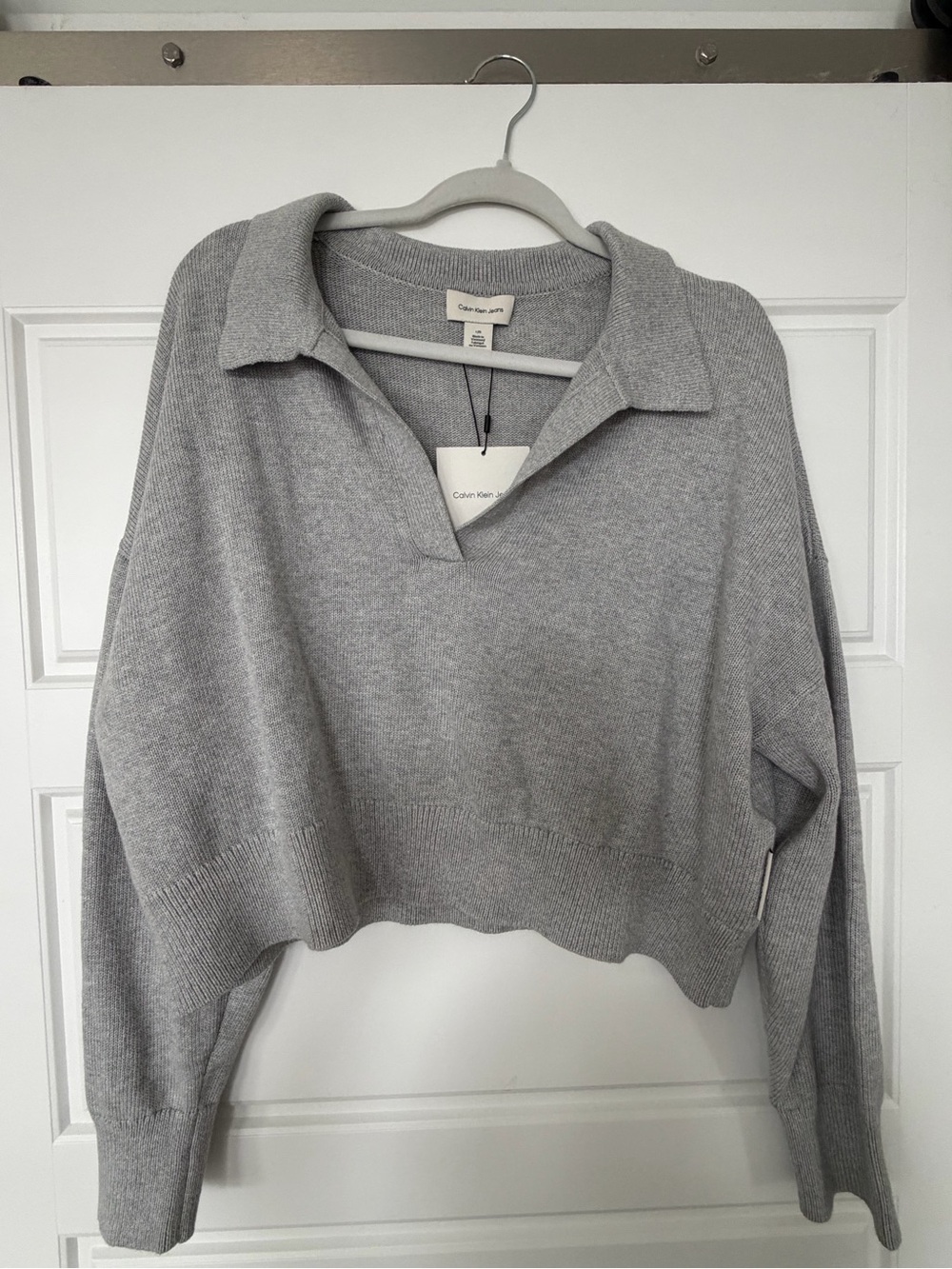 Calvin Klein Light Gray Cropped Polo Knit Sweater